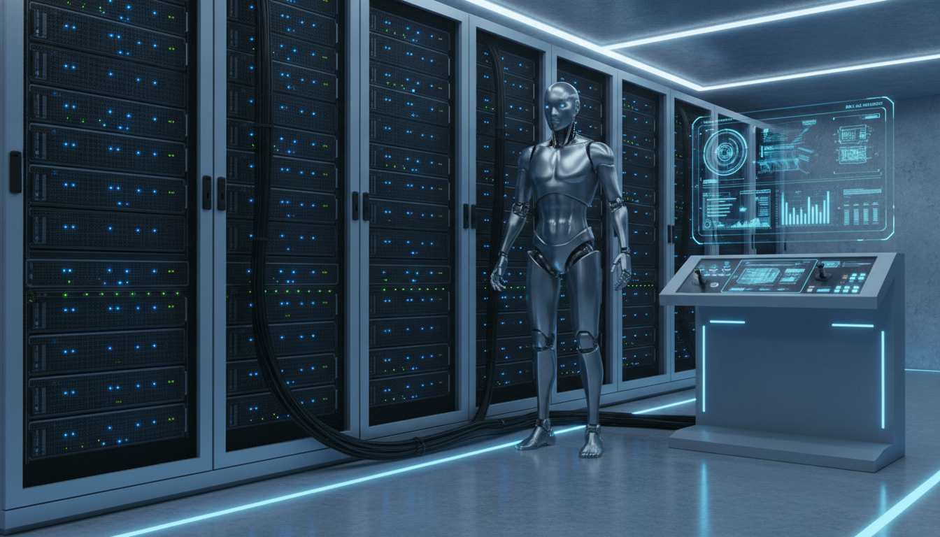 A robotic AI agent figure standing beside a bank of physical GPU server racks